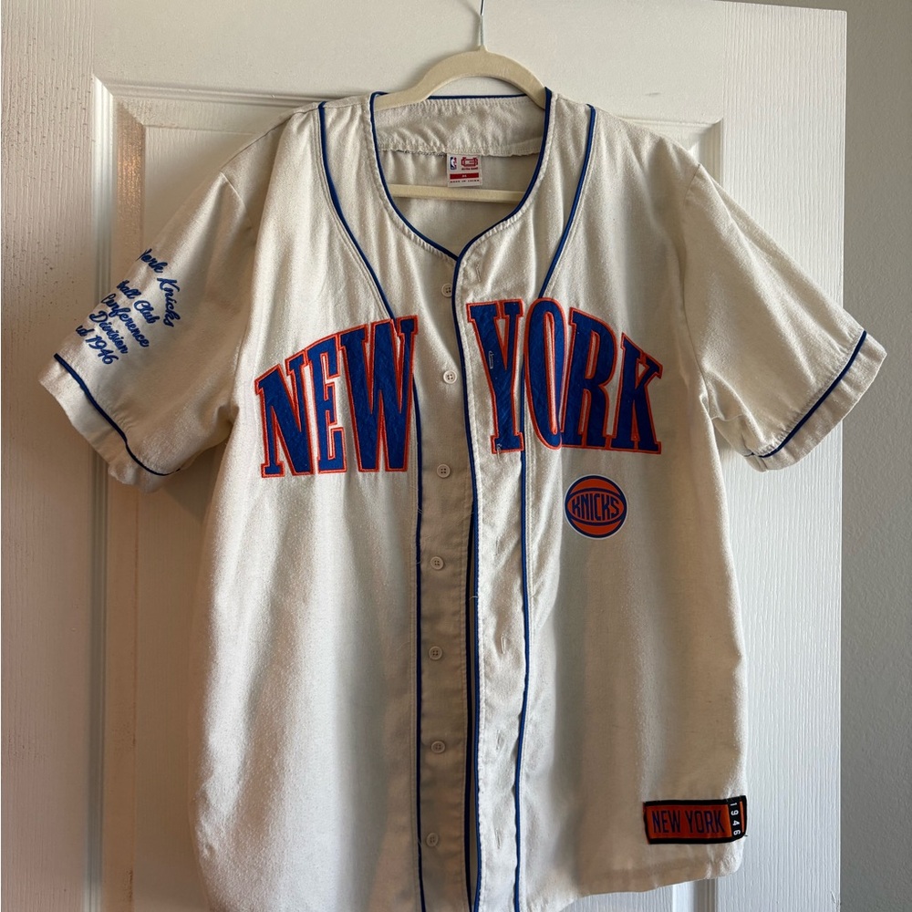 NBA New York Knicks Cream Button-Up Jersey with Blue & Orange Trim